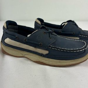 SPERRY Boys Lanyard Classic Slip-On Boat Shoes Navy Blue Leather‎ Nautical EUC